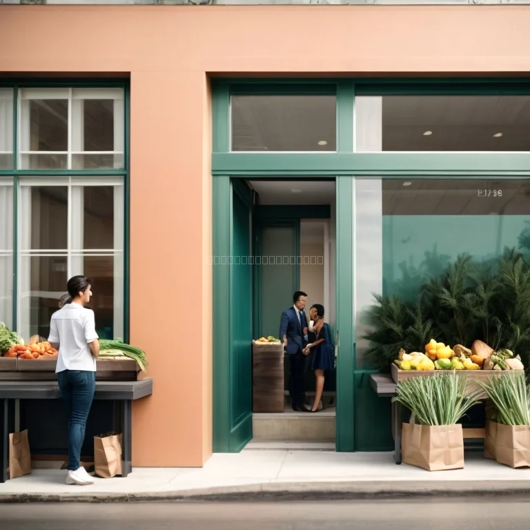 Glückliche Familie und Büroangestellte, die frische Lebensmittel von Foodallia erhalten